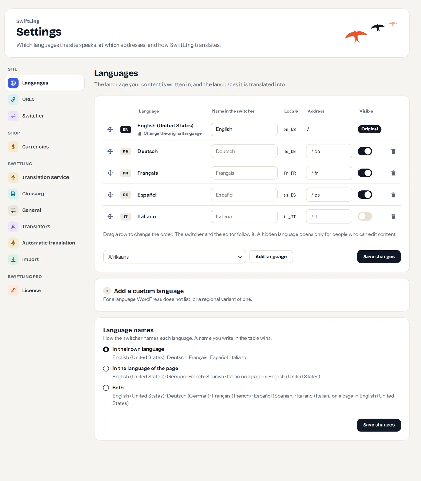 Settings › Languages