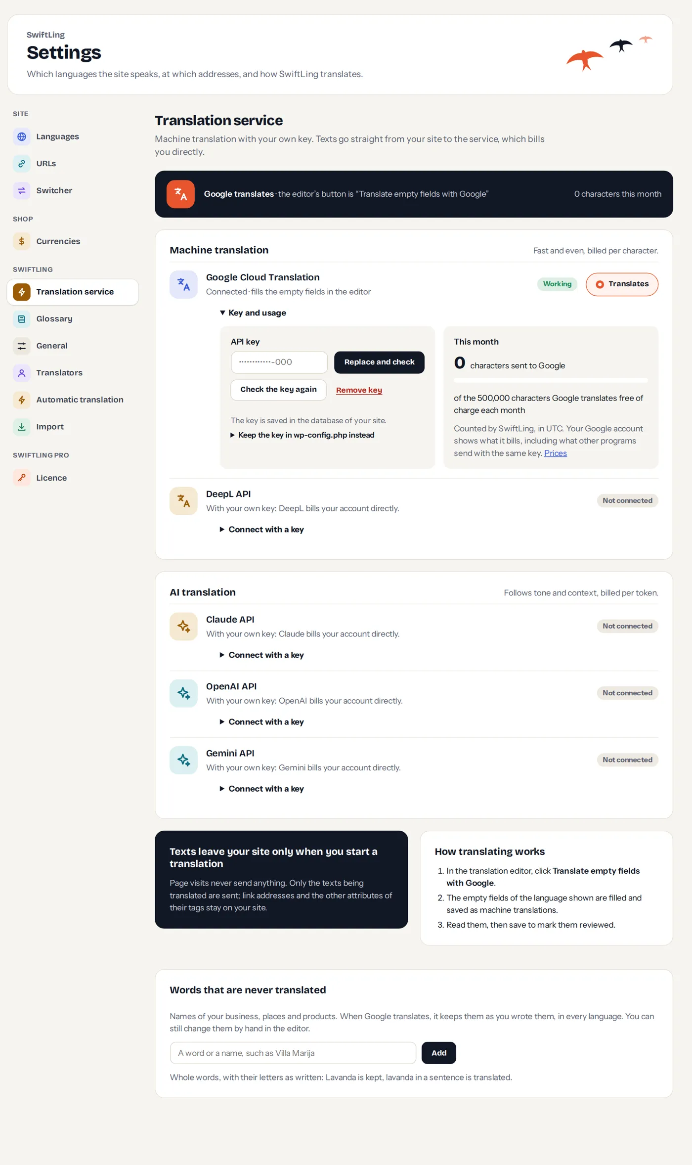Settings › Translation service