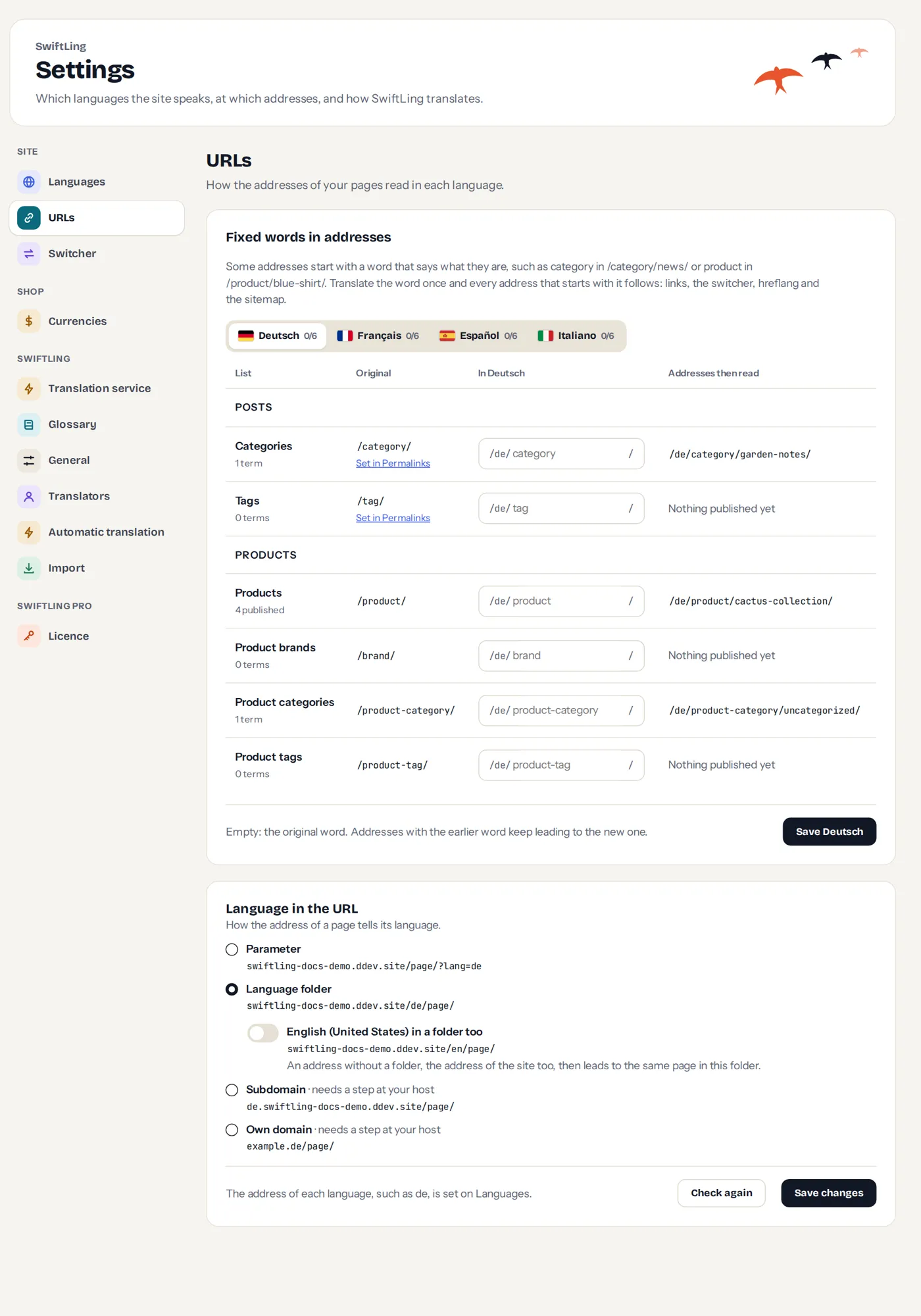 Settings › URLs