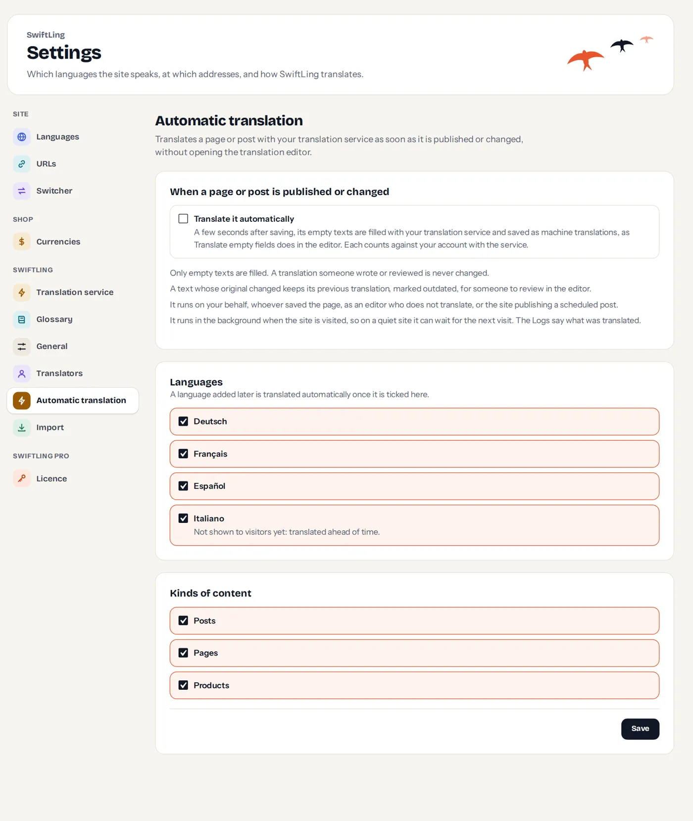 Settings › Automatic translation