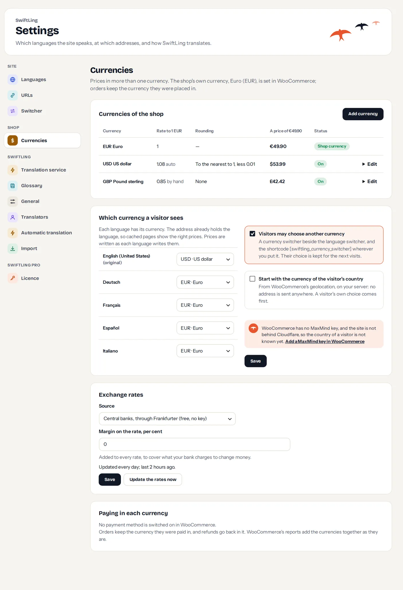 Settings › Currencies