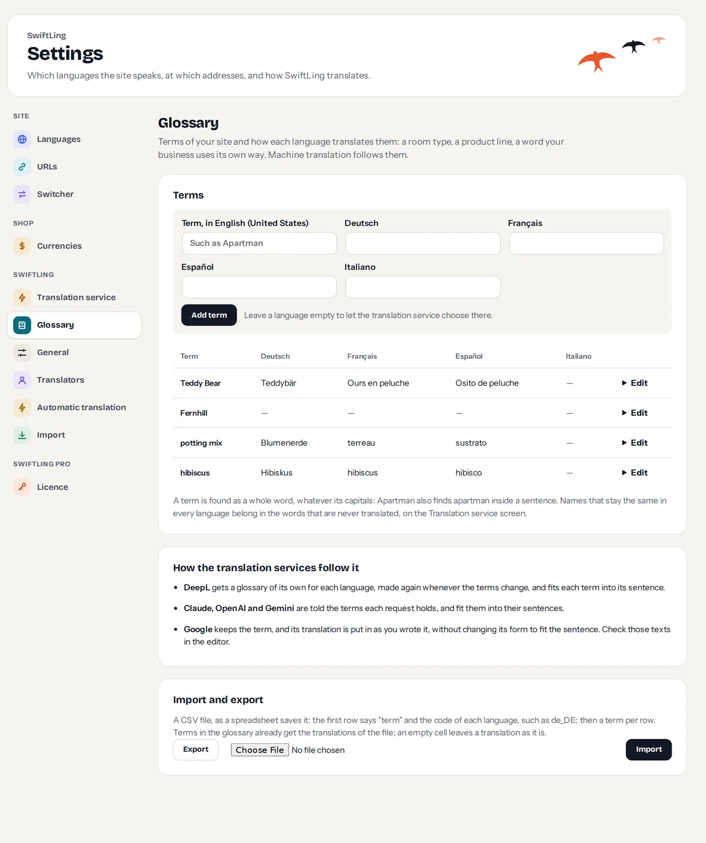 Settings › Glossary